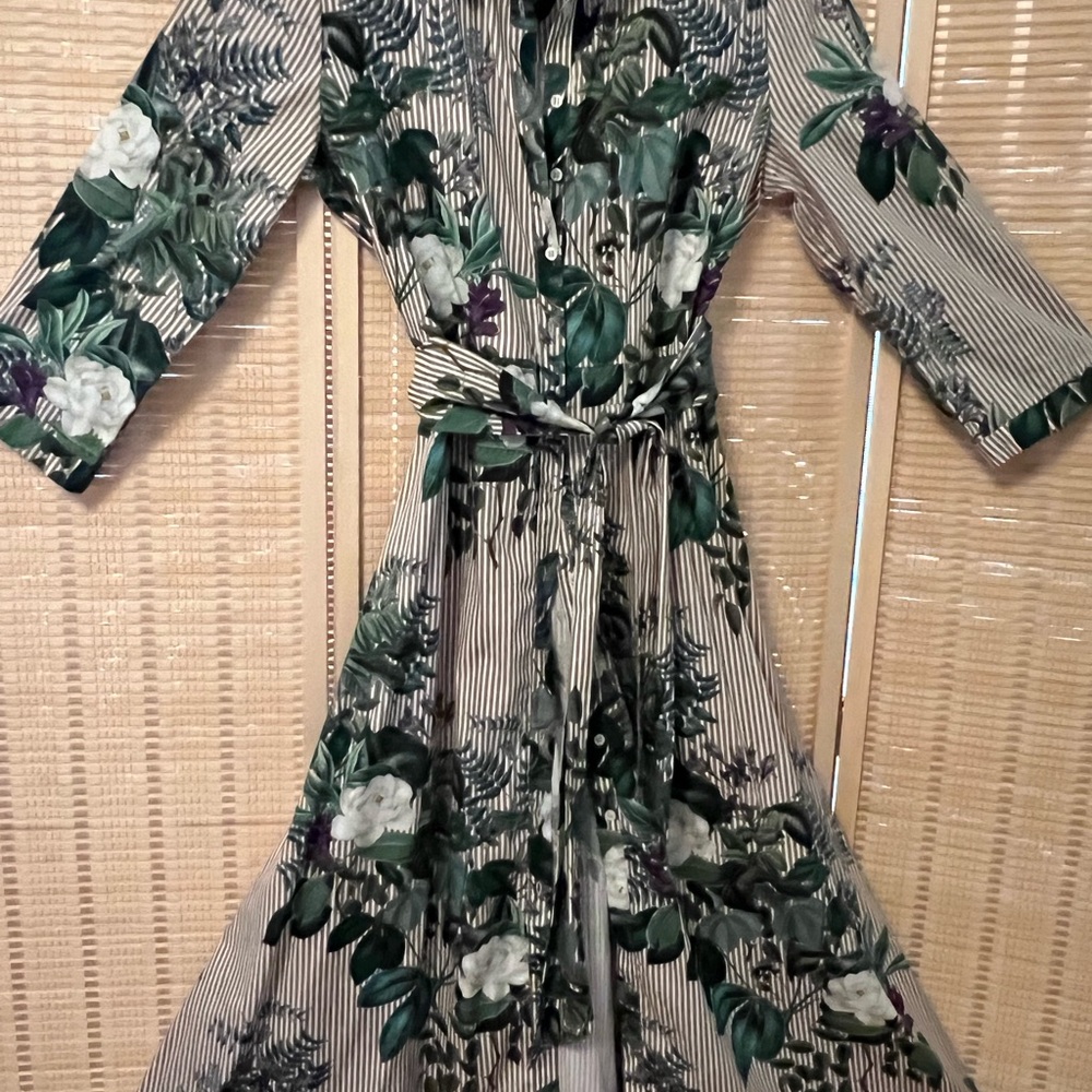 Shirtdress w/ crisp lines & floral purple, white & deep green & brown stripes. - Picture 3 of 5